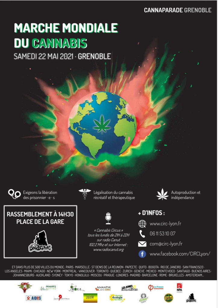 Cartel publicitario del colectivo CIRC LYON para la Marcha Mundial del Cannabis